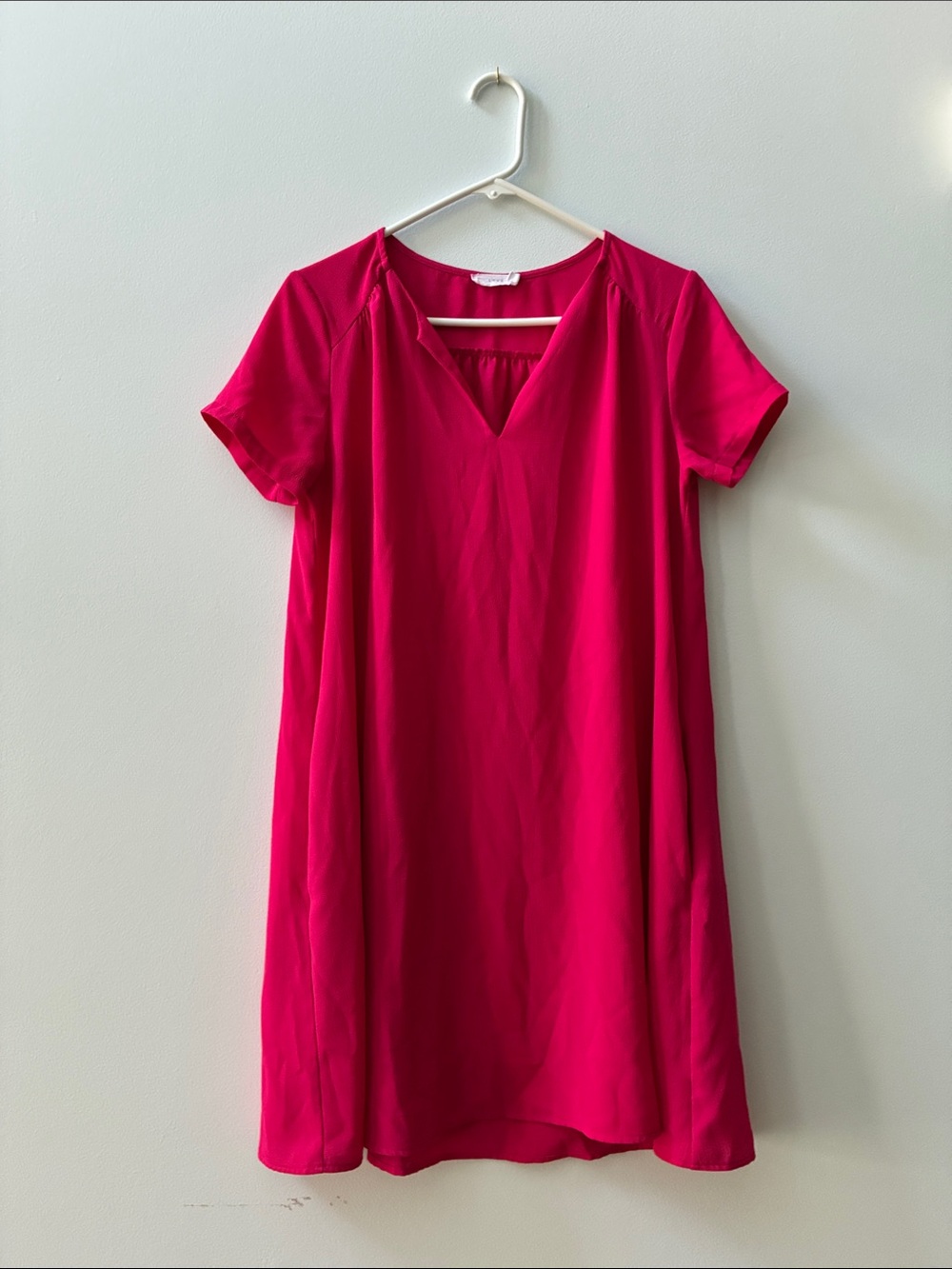 Lush Bright Fuchsia Short Sleeve V-Neck Shift Dress with Pockets